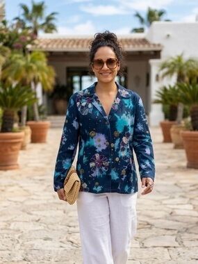 Indigo Moon Embroidered Lightweight Jacket Boho Resort Chic Button Front SZ M